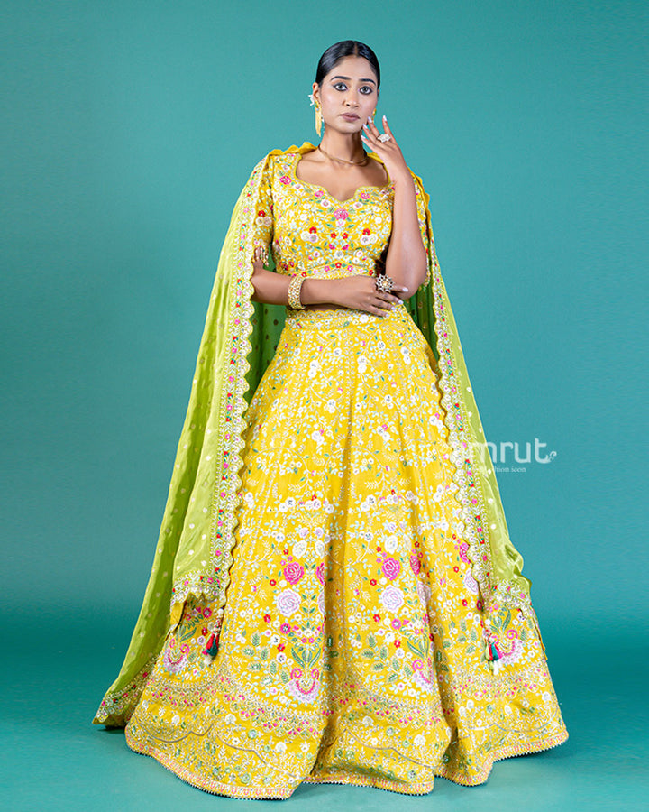 Elegant Yellow Lehenga Choli with Embroidered Choli and Sheer Dupatta