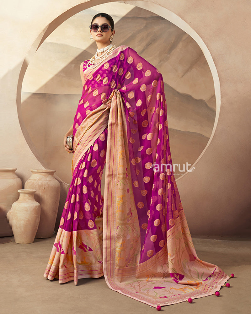 Pink with Golden Polka Dots, Nature-Inspired Print Border Georgette Saree and an Unstitched Blouse