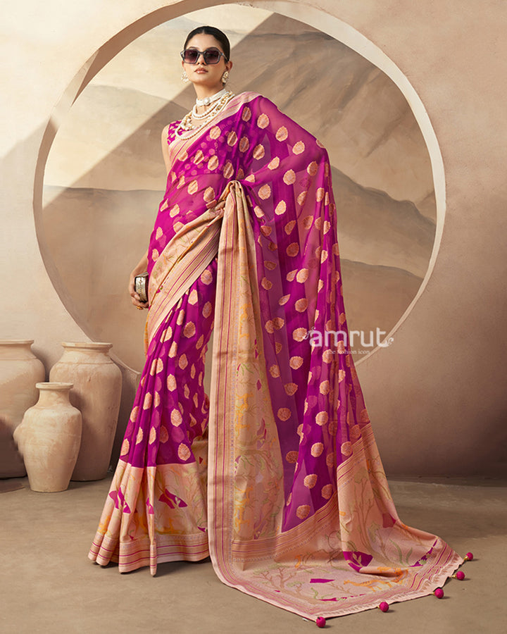 Pink with Golden Polka Dots, Nature-Inspired Print Border Georgette Saree and an Unstitched Blouse