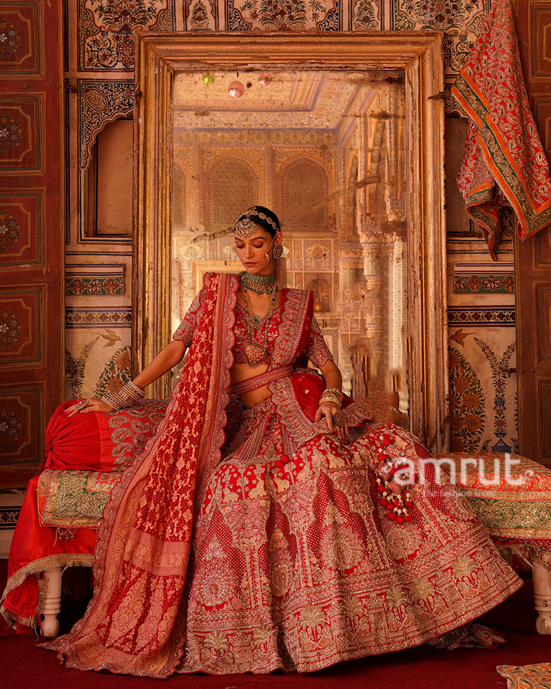 Crimson Red Golden Embroidered Bridal Lehenga Choli with Maroon Dupatta