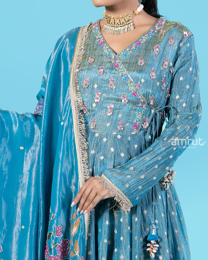 Blue Embellished Kameez with Palazzo Pants and Dupatta