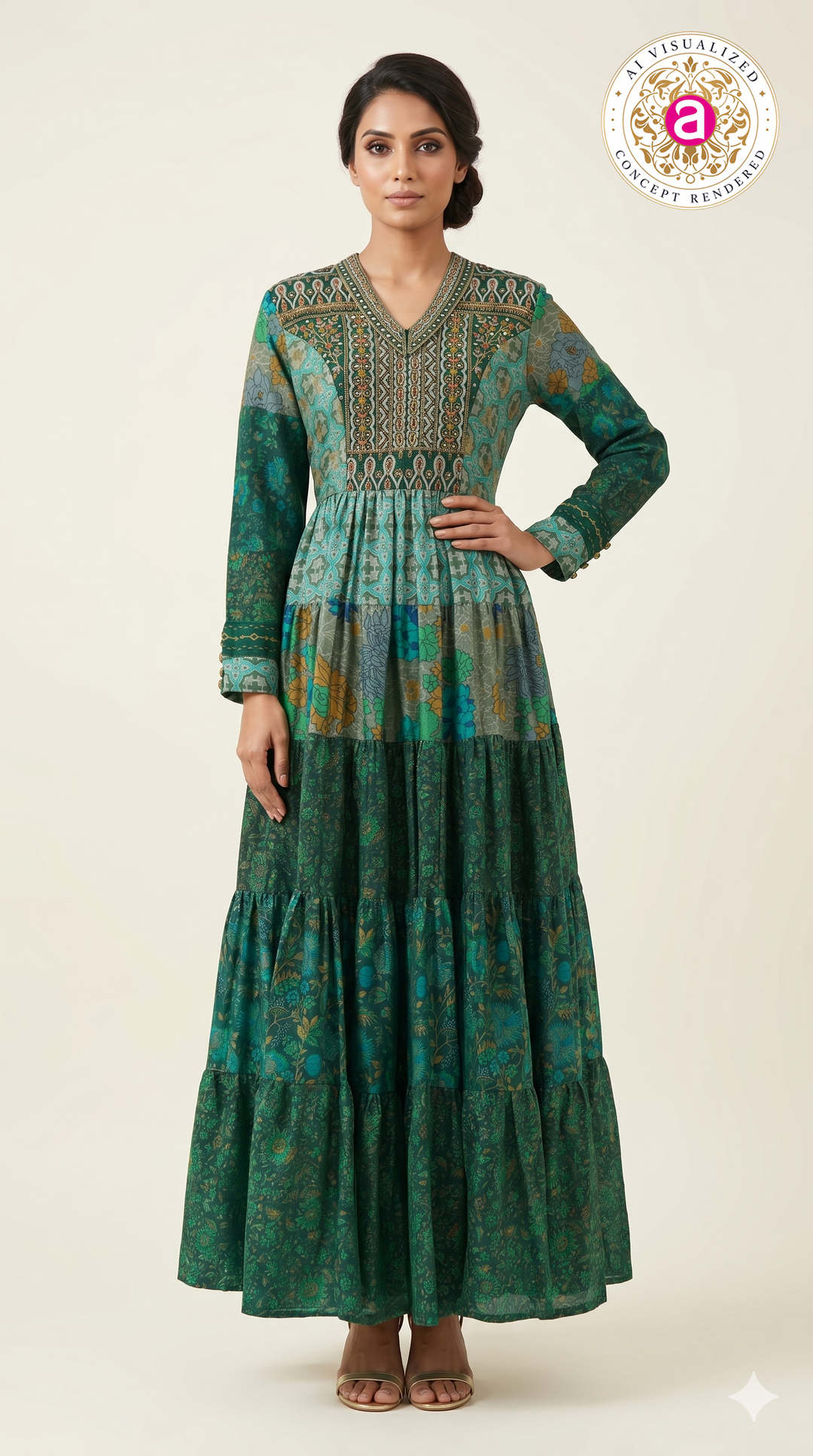 Teal Printed Tiered Maxi Dress