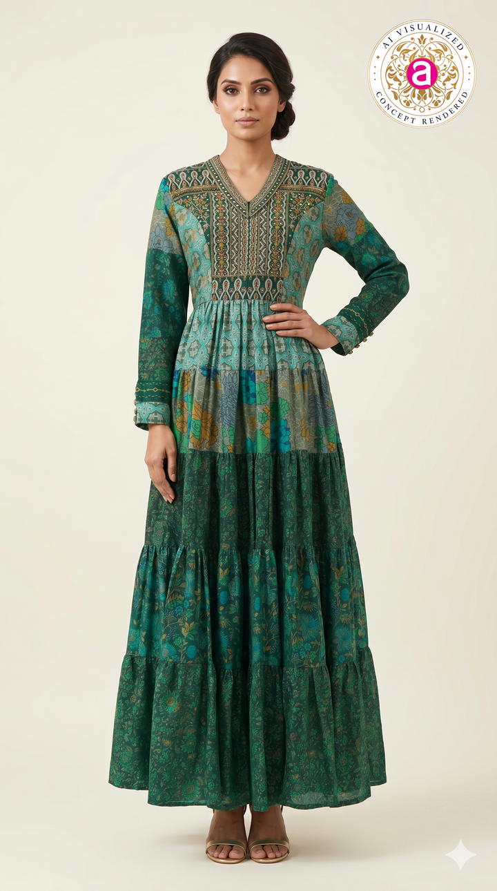 Teal Printed Tiered Maxi Dress