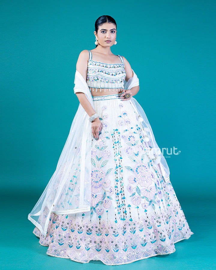 Embellished White Lehenga with Floral Embroidery and Sheer Off-White Dupatta