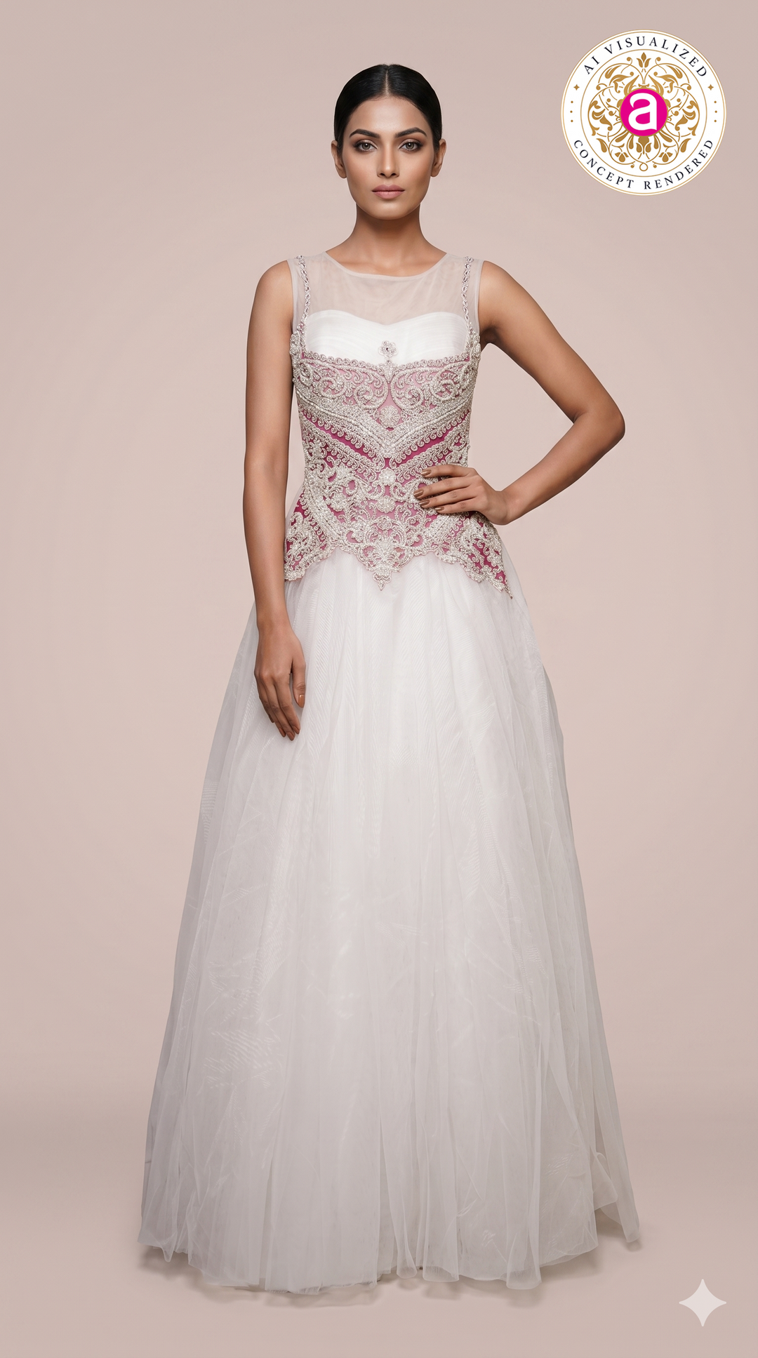 Ivory White Ball Gown with Blush Pink Embroidered Corset Bodice