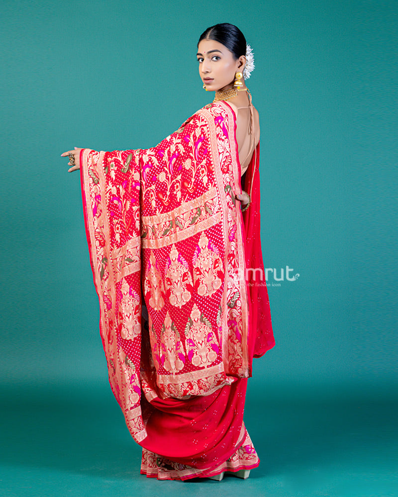 Red-Pink Dual Tone Saree with Zari Floral & Paisley Motifs and Unstitched Blouse