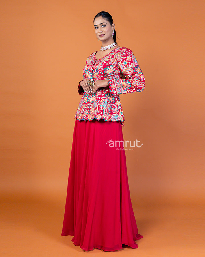 Rosy Red Embroidered Plum Top with Flowing Sharara Pants