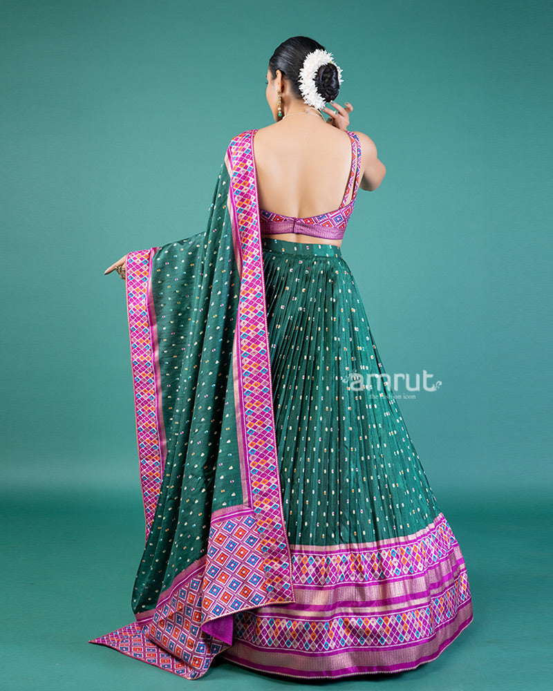 Vibrant Aqua Deep Lehenga with Pink Border and Embroidered Choli with Dupatta