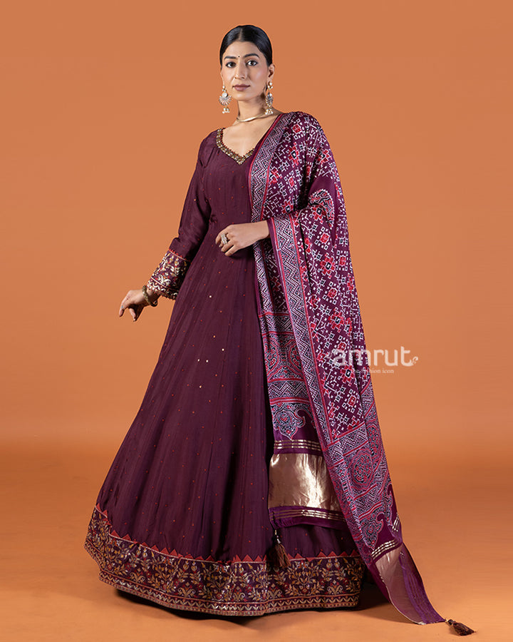 Wine Anarkali Featuring Sequin Buti Embellishments and Printed Dupatta