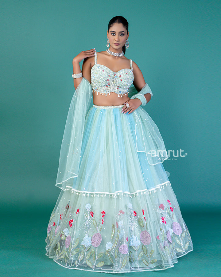 Mint-Green Floral Embroidery Embellished Lehenga Choli with Translucent Net Dupatta