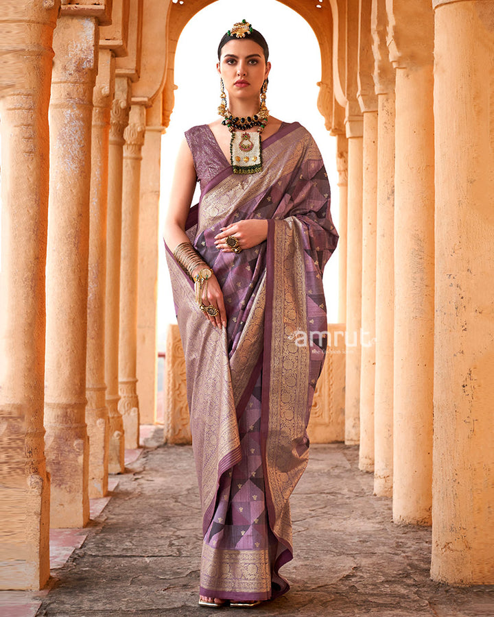 Purple Multicolor Zari Embellished Silk Saree with Unstitched Blouse