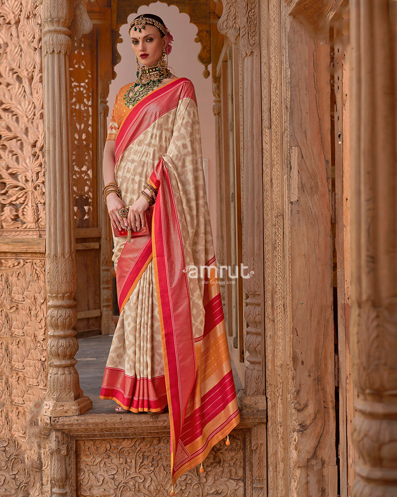 Cream Patola Silk Saree with Foil Print & Red-Orange Border with Unstitched Blouse