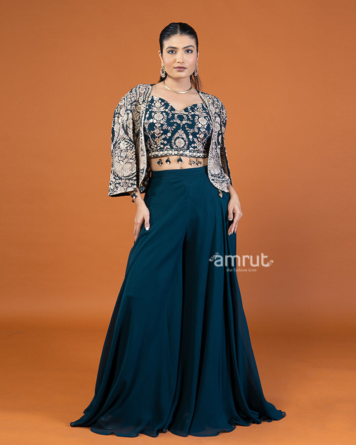 Deep Blue Embroidered Crop Top and Jacket with Palazzo Set