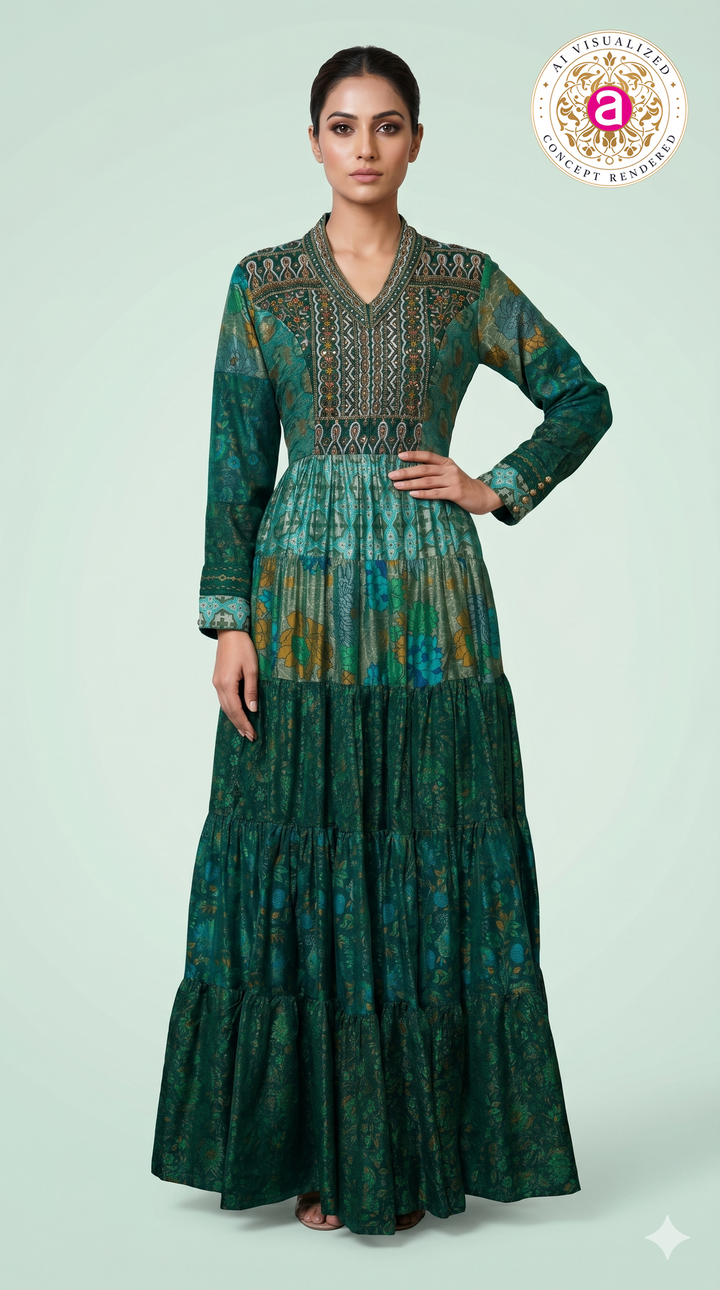 Emerald Green Printed Tiered Maxi Dress