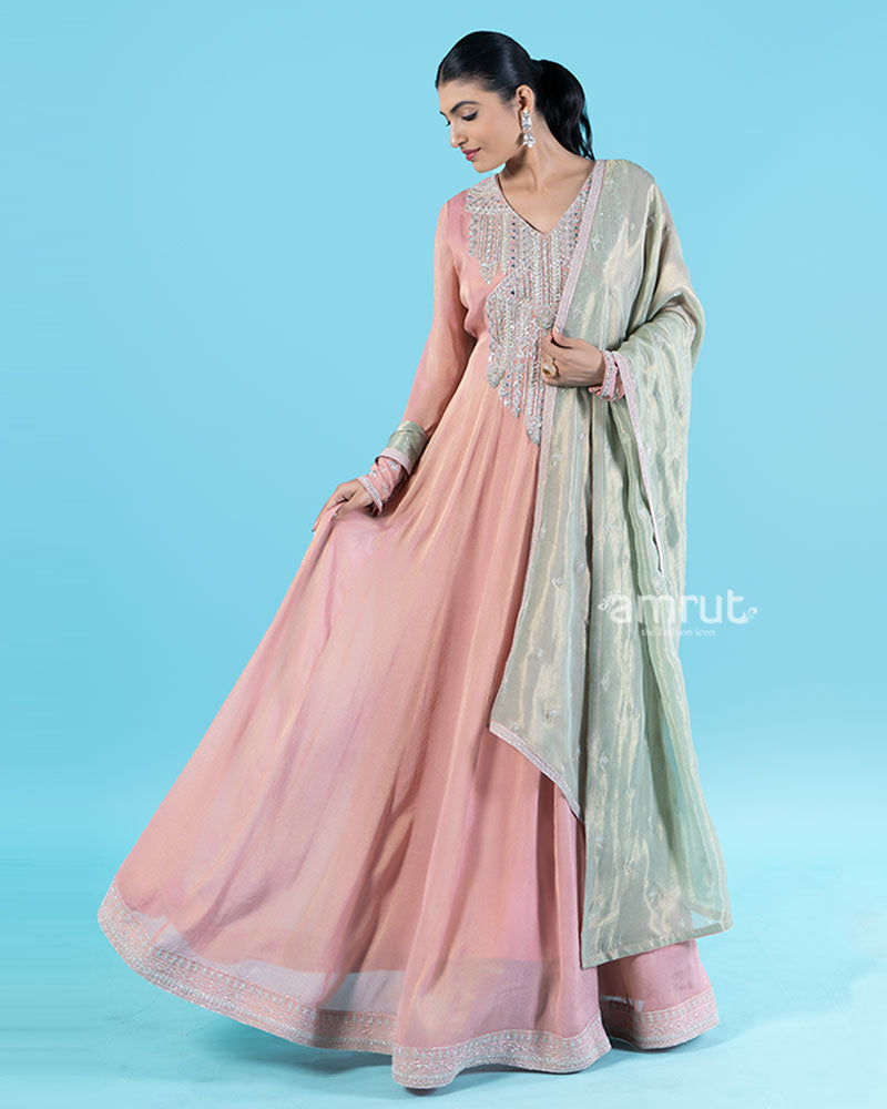 Dusty Rose Beaded Embellished Gown with Sage Green Dupatta