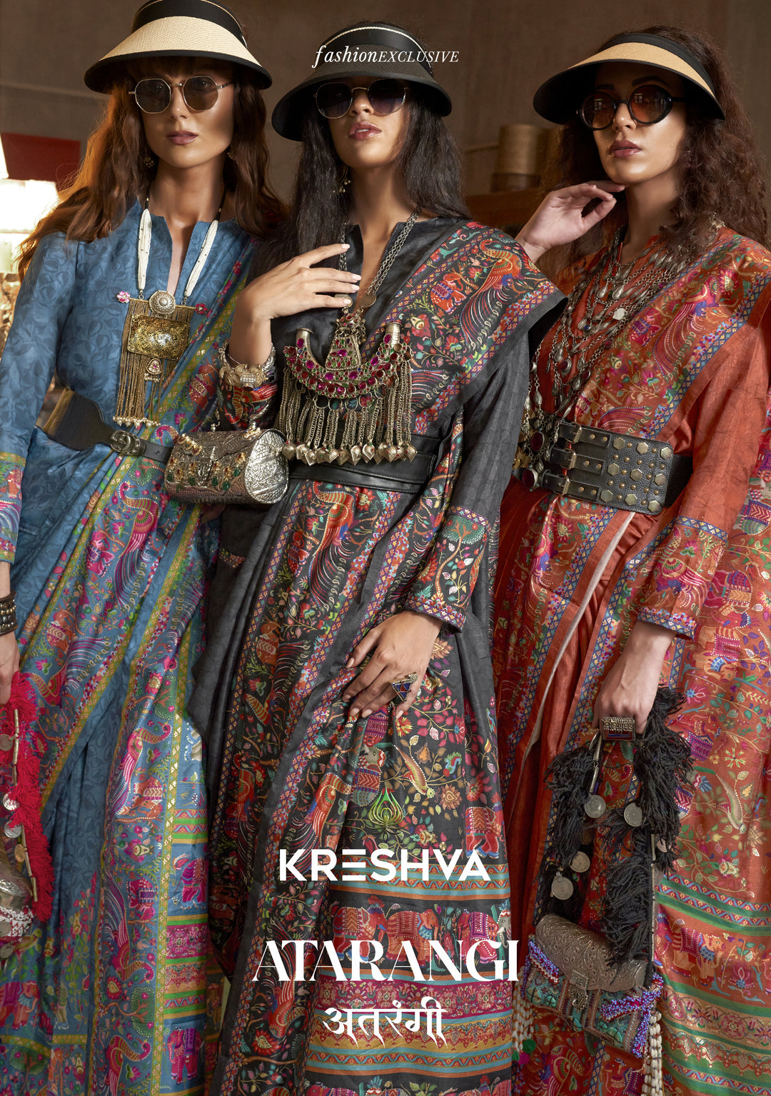 Charcoal Black Pashmina Prints Inspired Designer Saree with Folk Motifs