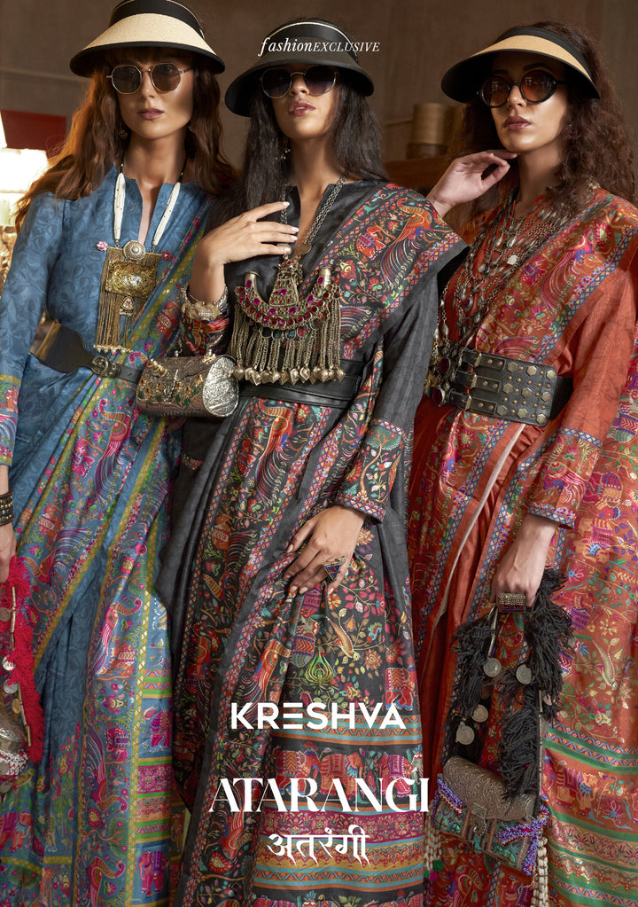 Teal Blue Pashmina Prints Inspired Designer Saree with Folk Motifs