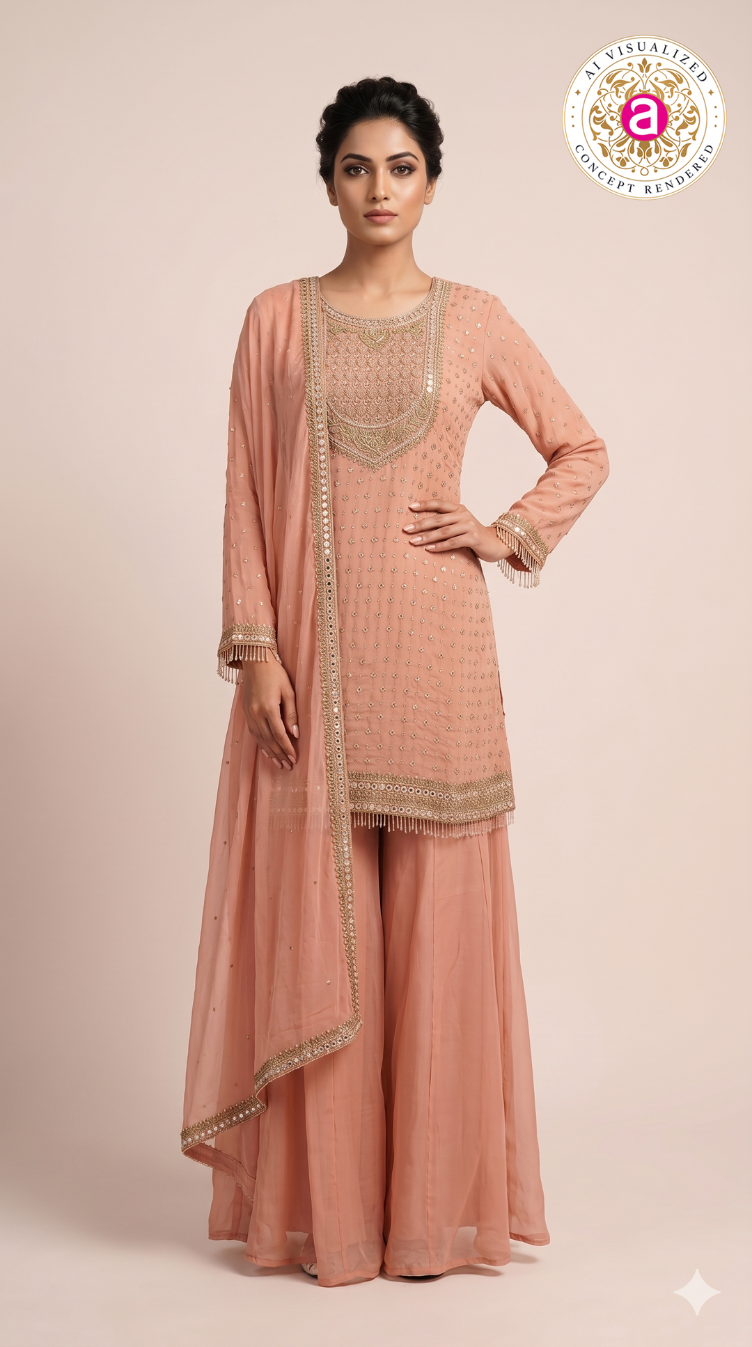 Peach Embroidered Kurta Palazzo Set with Dupatta