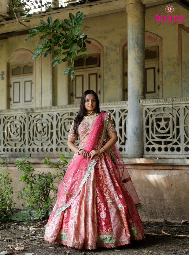 Blush Pink Mirror & Sequin Embroidered Silk Lehenga Set – Festive & Bridal Couture by Amrut