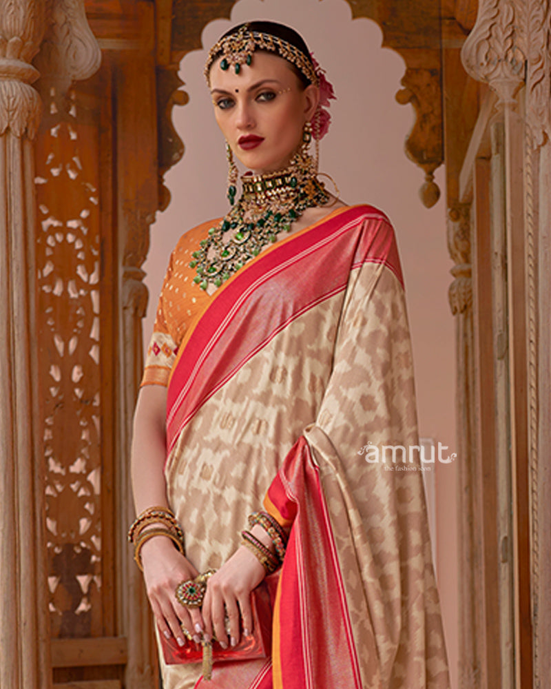 Cream Patola Silk Saree with Foil Print & Red-Orange Border with Unstitched Blouse