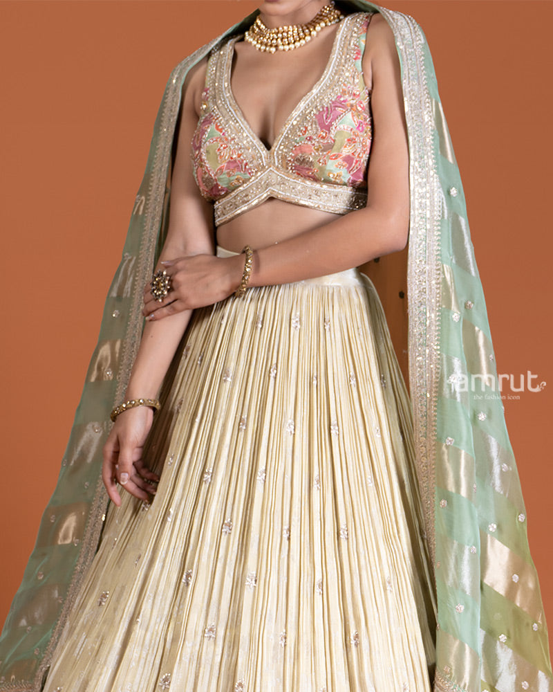 Beige Cream Embroidered Lehenga with Floral Choli and Green Dupatta