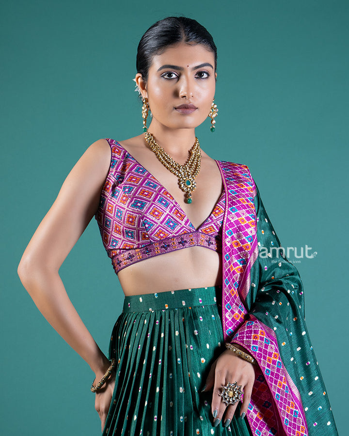 Vibrant Aqua Deep Lehenga with Pink Border and Embroidered Choli with Dupatta