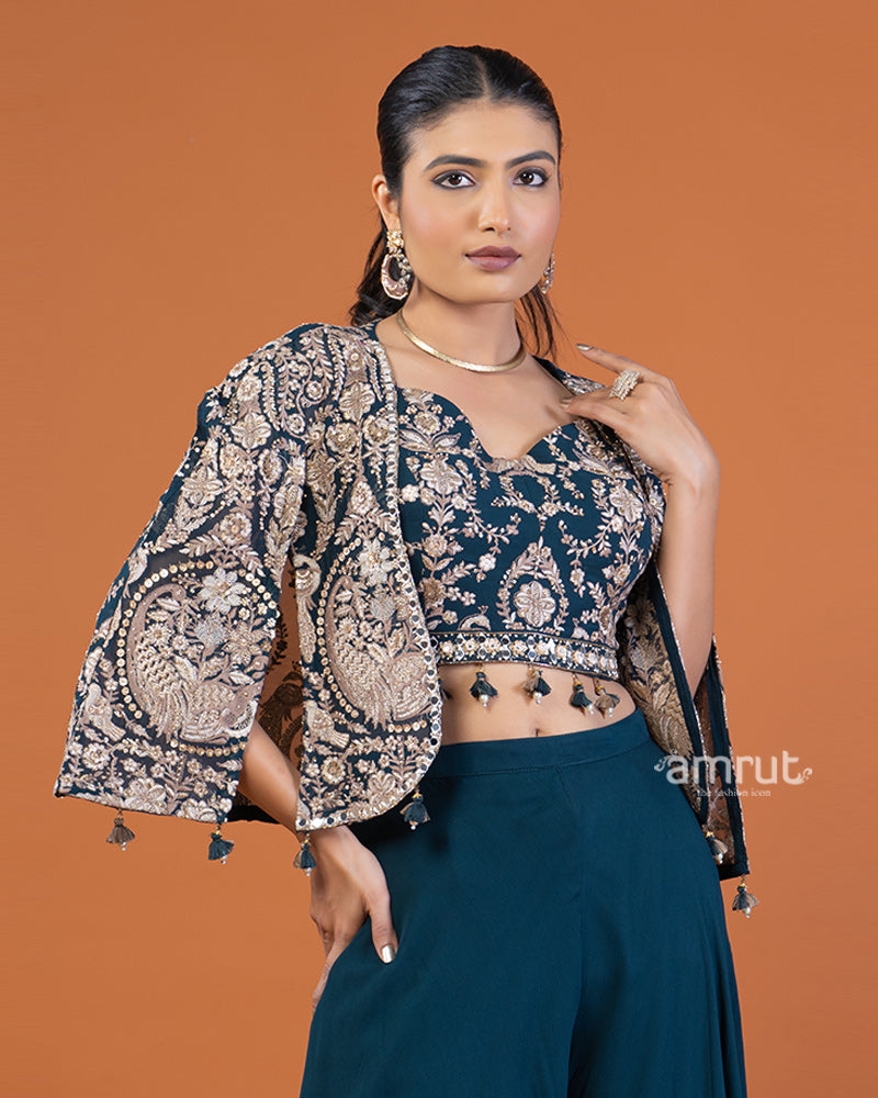 Deep Blue Embroidered Crop Top and Jacket with Palazzo Set