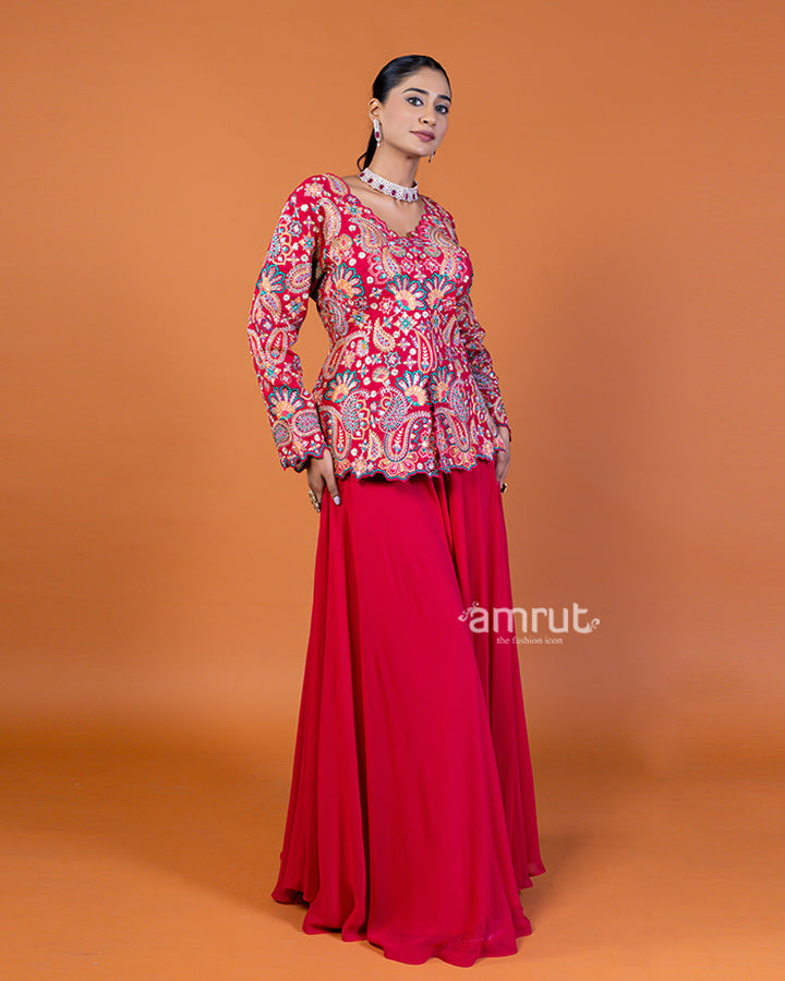 Rosy Red Embroidered Plum Top with Flowing Sharara Pants