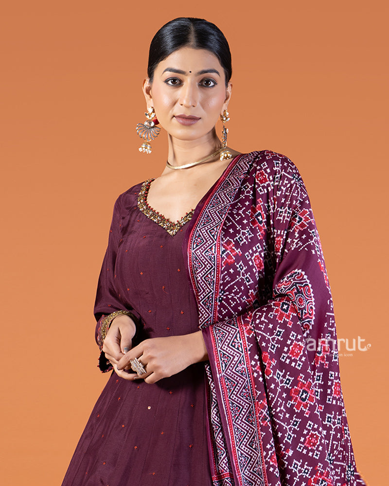 Wine Anarkali Featuring Sequin Buti Embellishments and Printed Dupatta