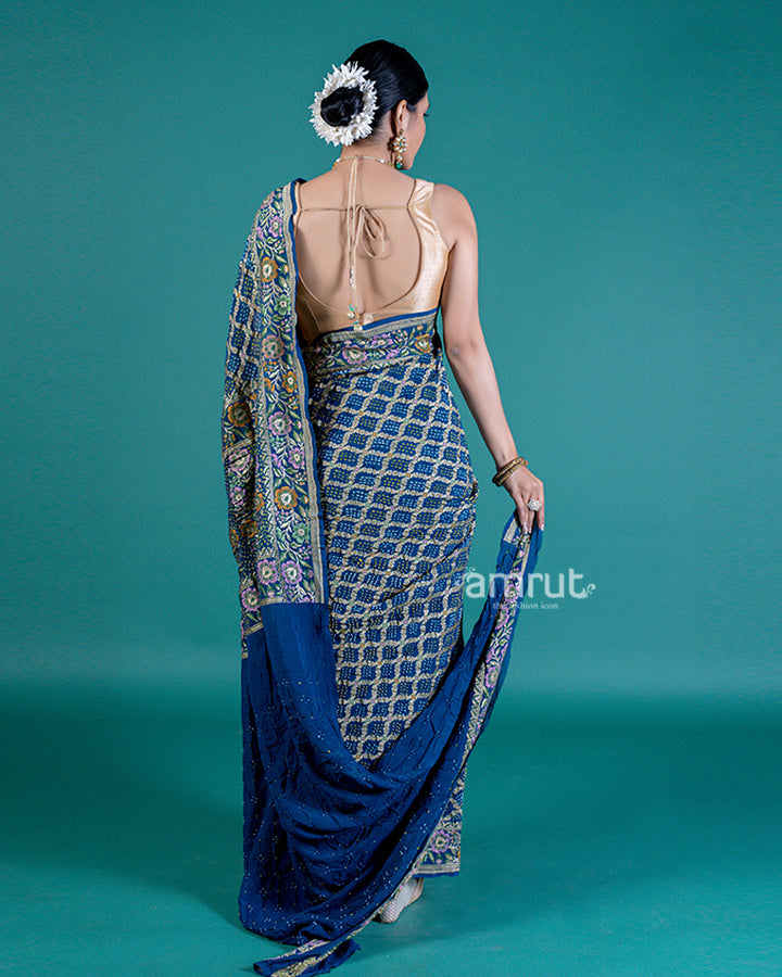 Navy Blue Bandhej Print Saree with Unstitched Blouse