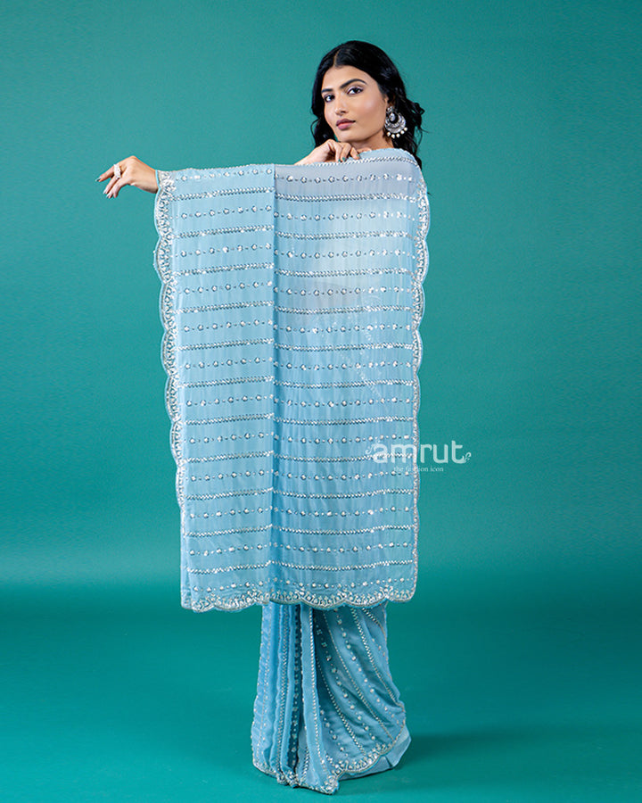 Light Blue Sequin and Bead Striped Embellished Saree with Unstitched Blouse