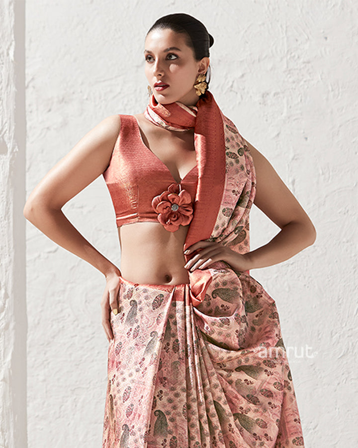 Copper Rust Floral-Print Brownish Pink Silk Saree with Unstitched Blouse