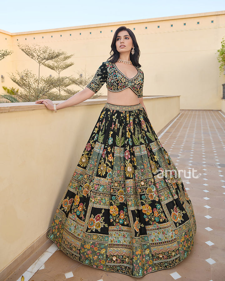 Black Colorful Floral Embroidered Lehenga Choli with Matching Dupatta