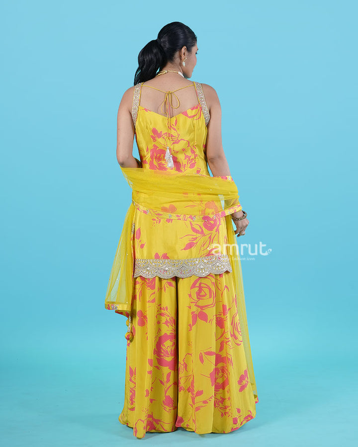 Yellow Floral Print with Beaded Embellished Salwar Kameez with Dupatta