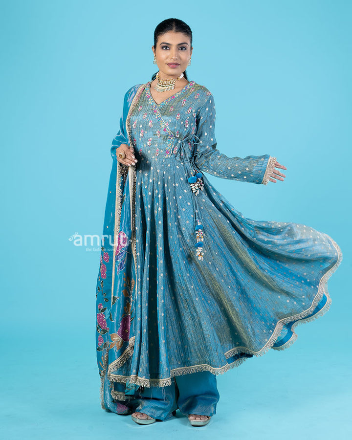 Blue Embellished Kameez with Palazzo Pants and Dupatta