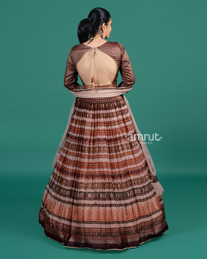 Mauve Rust Embroidered Gown With Net Dupatta