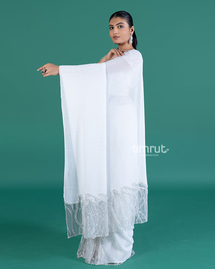 White with Sparkling Sequins Saree and Embellished Cropped Blouse