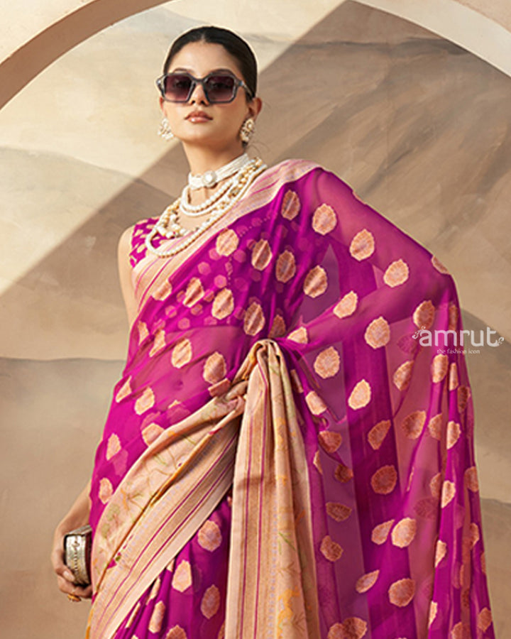 Pink with Golden Polka Dots, Nature-Inspired Print Border Georgette Saree and an Unstitched Blouse