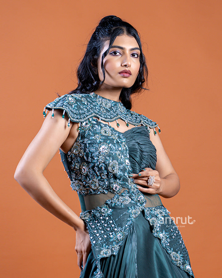 Teal Flared Circular Gown with Heavy Embellishments