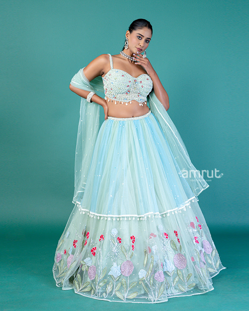 Mint-Green Floral Embroidery Embellished Lehenga Choli with Translucent Net Dupatta