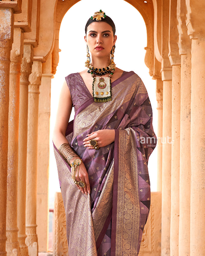 Purple Multicolor Zari Embellished Silk Saree with Unstitched Blouse