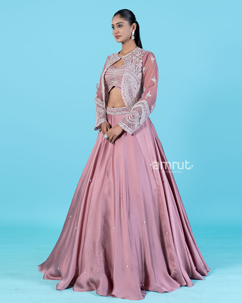 Rose-Pink Embroidered Jacket with Crop Choli and Flared Lehenga