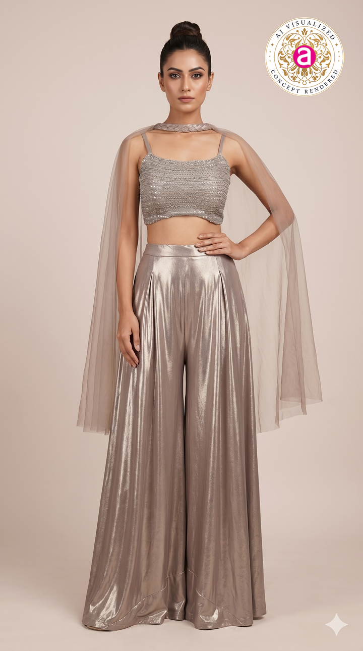 Champagne Beige Embellished Co-Ord Set with Cape Sleeves