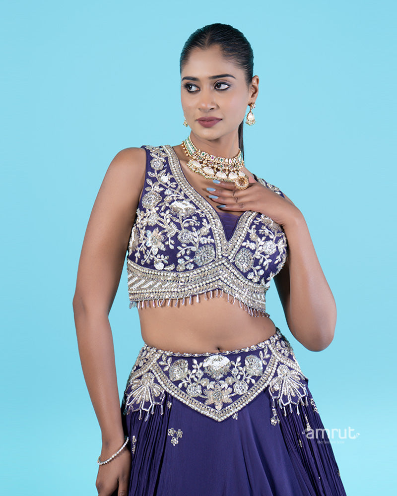 Purple Lehenga Choli with Silver Floral Embroidery and Beading