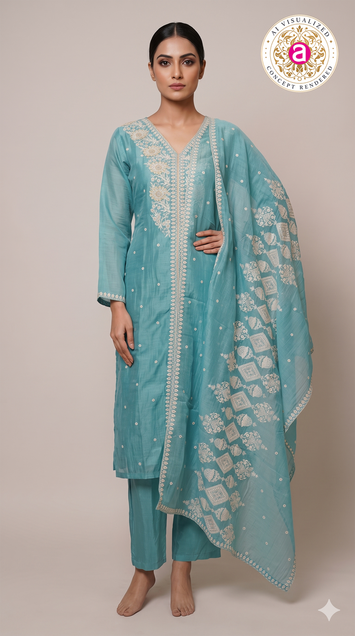 Sky Blue Embroidered Straight Kurta Set with Dupatta