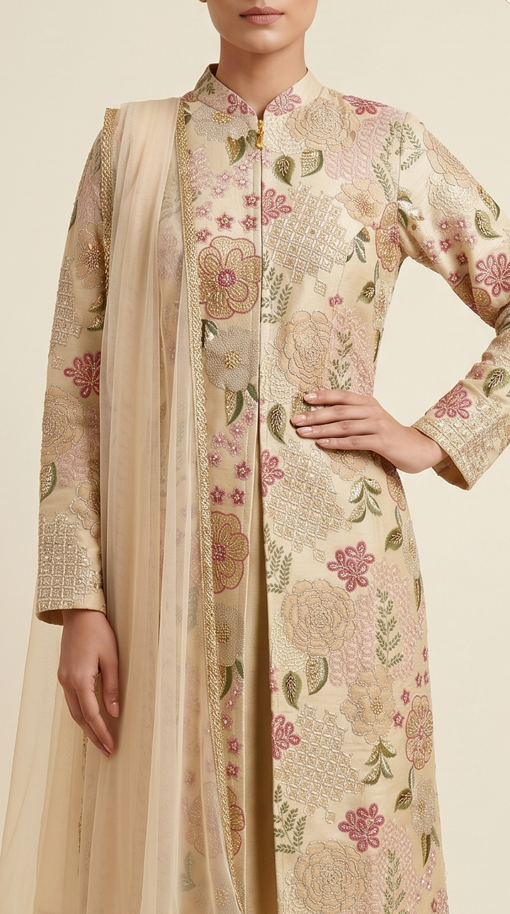 Blush Ivory Floral Embroidered Straight Suit SetBlush Ivory Floral Embroidered Straight Suit Set