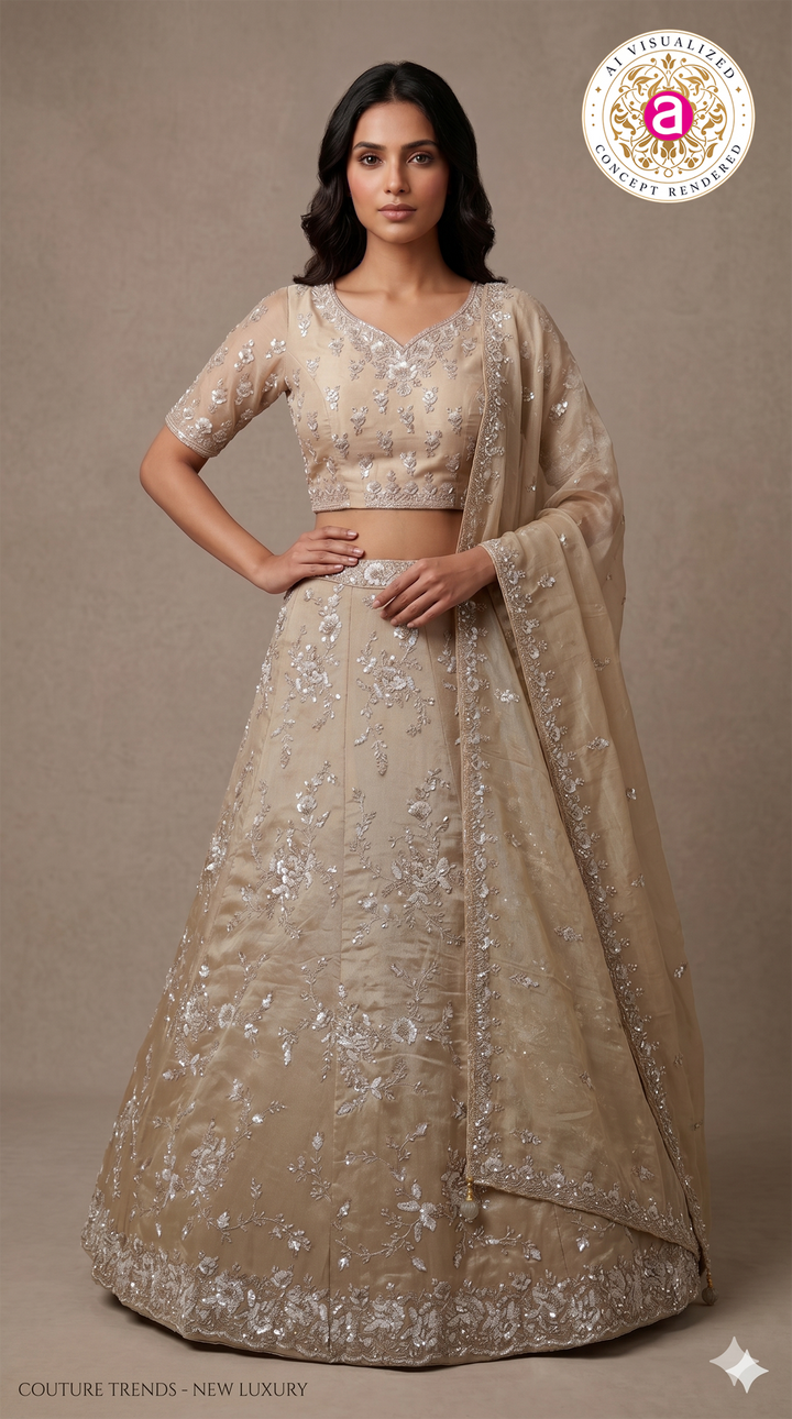 Champagne Beige Designer Embroidered Lehenga Set with Organza Dupatta
