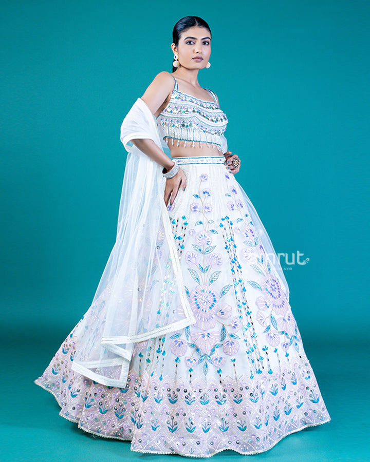 Embellished White Lehenga with Floral Embroidery and Sheer Off-White Dupatta