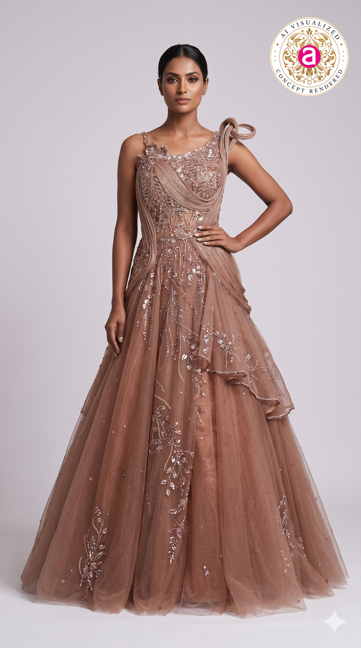 Rose Taupe Embellished Couture Ball Gown with Draped Bodice