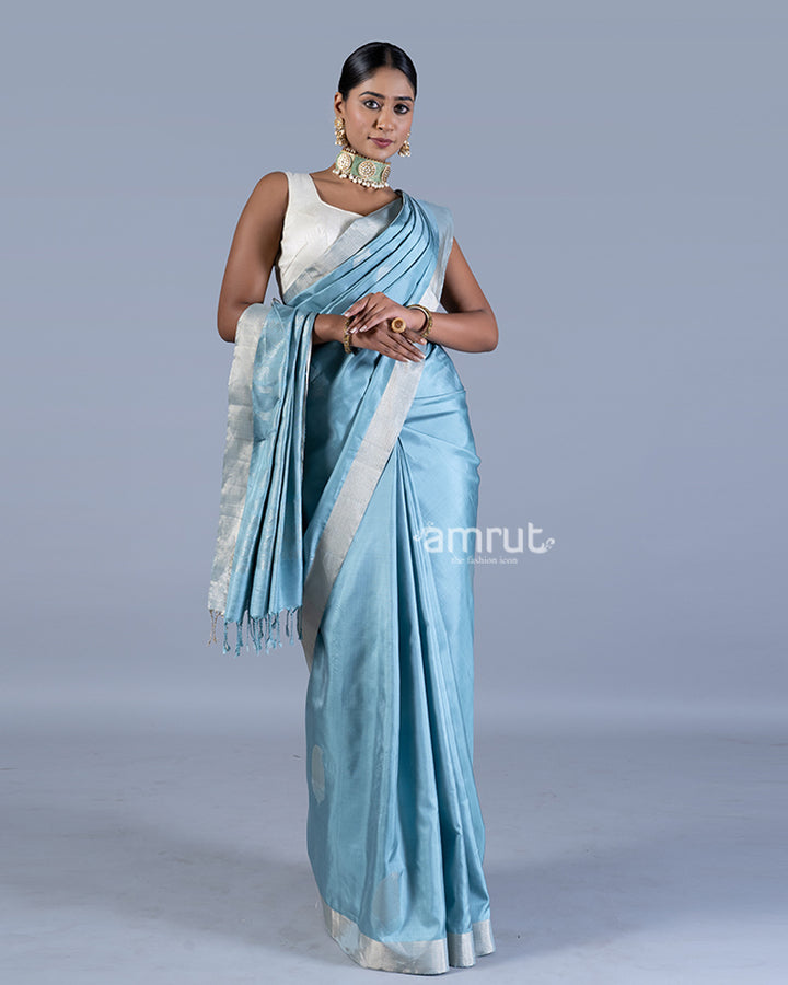 Light Blue with Golden Zari Leaf Patterns and Geometric Motifs Saree with unstitched blouse